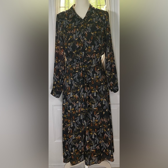 DR2 Dresses & Skirts - DR2 Black Cottagecore Floral Long Sleeve Belted A-Line Midi Dress - Size M EUC